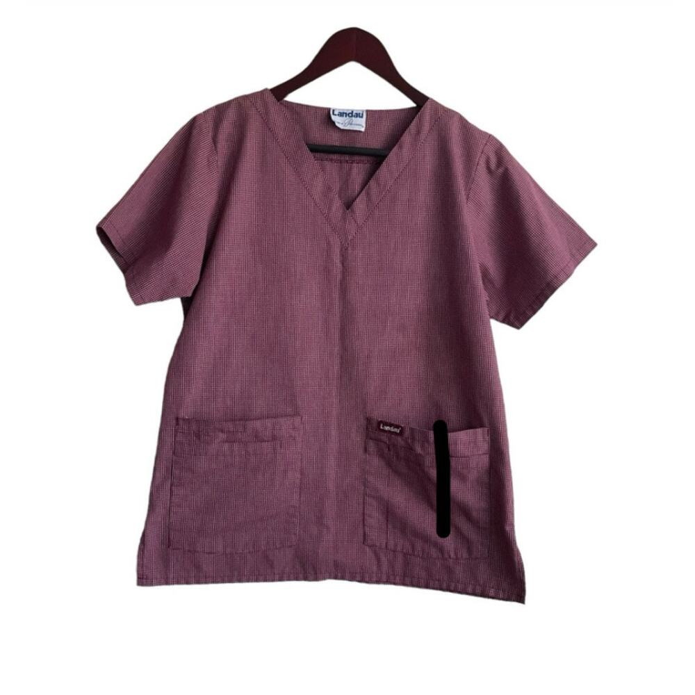 Landau Womens Scrub Top M Burgundy Check V-Neck 2 Pocket Medical Uniform Nurse‎